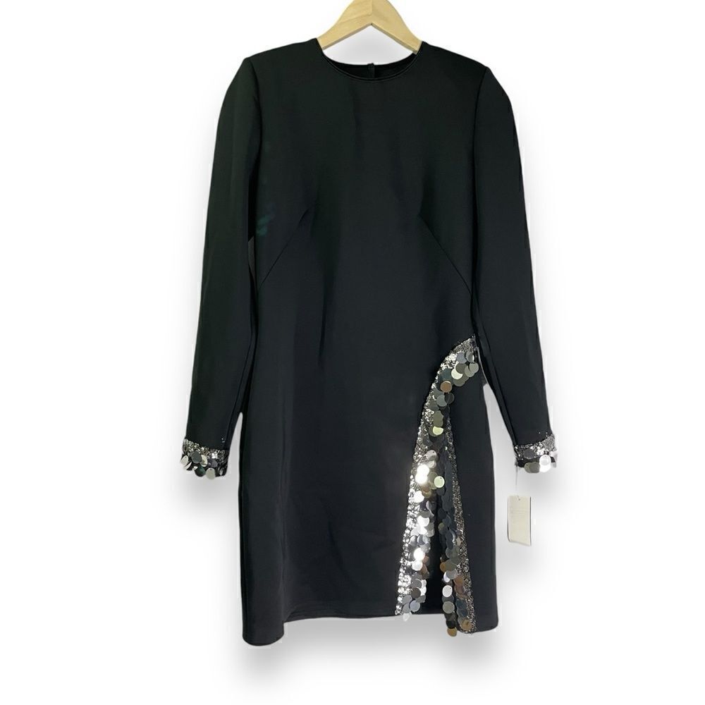 SHO Tadashi Shoji Loren Neoprene Mini Dress Sequins Black High Slit Long Sleeve